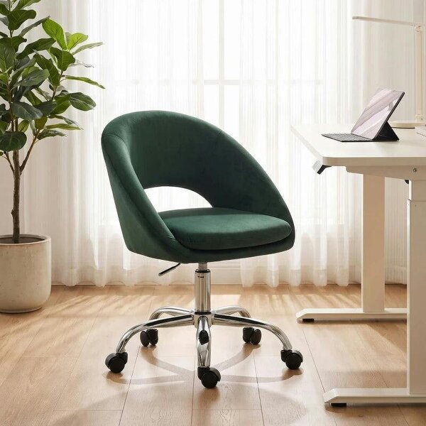 Velvet Desk Chair, Modern Office Chair with Height-Adjustable, Wheels, for Home Study Bedroom, Dark Green