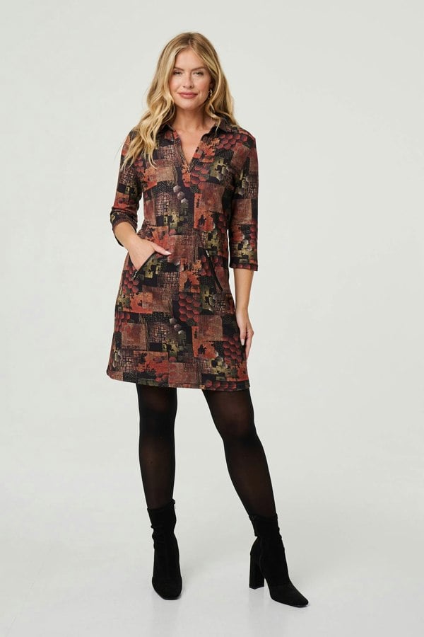 Brown | Printed 3/4 Sleeve Collared Short Dress
