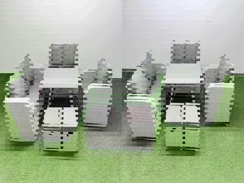 Fimous 7 Seater Outdoor Rattan Garden Furniture Set Love Sofa Reclining Chair Set with Rectangular Dining Table 2 Small Footstools Light Grey