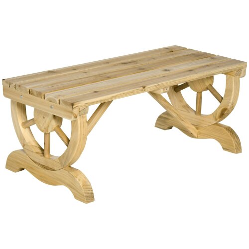 Wyld Haus Bave Pana Wood Natural Rustic 2 Seater Garden Bench With Wagon Wheel Legs And Slatted Seat