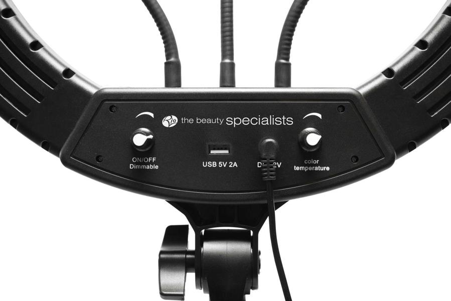 Close-up of the Rio Professional Makeup & Vlogging 18-inch Dimmable LED Ring Light’s control panel, showing on/off, dimming, color temperature controls, USB port, and power input—ideal for studio-quality makeup lighting.