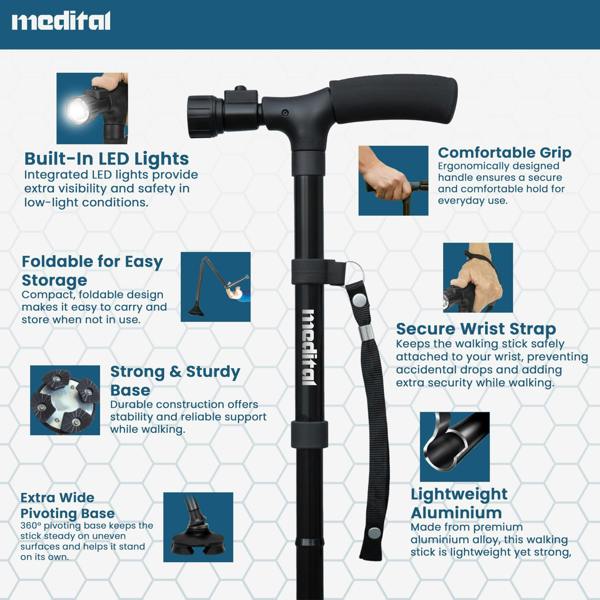 MEDITAL Folding Walking Stick with LED Light 84.5 - 94.5cm Adjustable Walking Cane - Foldable Walking Stick with Extra Wide Pivoting Base