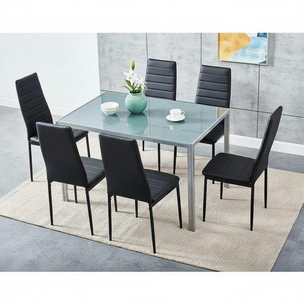 Kosy Koala Modern Rectangle Glass Dining Table Set With 6 Black Faux Leather Chairs Dining Room Furniture