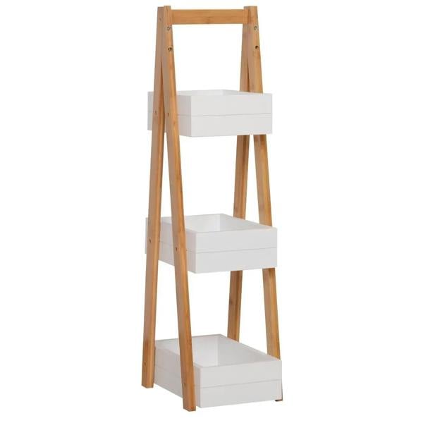 Freestanding 3-tier bathroom shower caddy with white shelves and bamboo frame