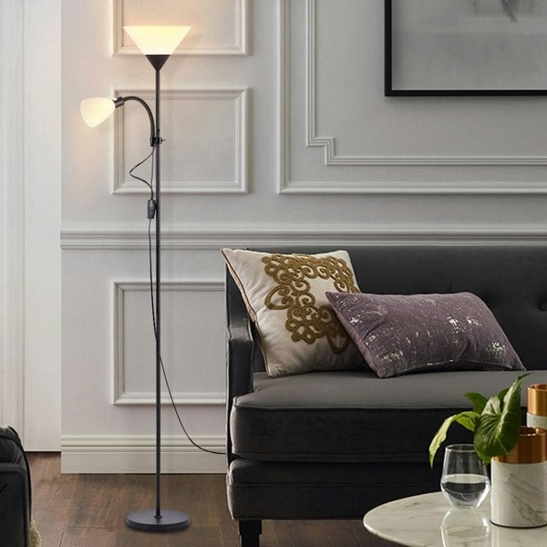 Torchiere Double Heads Floor Lamp Adjustable Reading Light Silver/Grey Lighting Living and Home Black