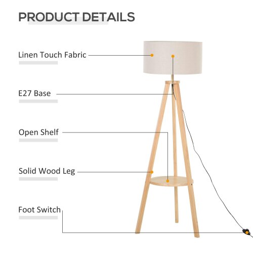 Wyld Haus Laravi Natural Wood And Fabric Cream Tripod Floor Lamp With Shelf And Linen Shade 154 cm