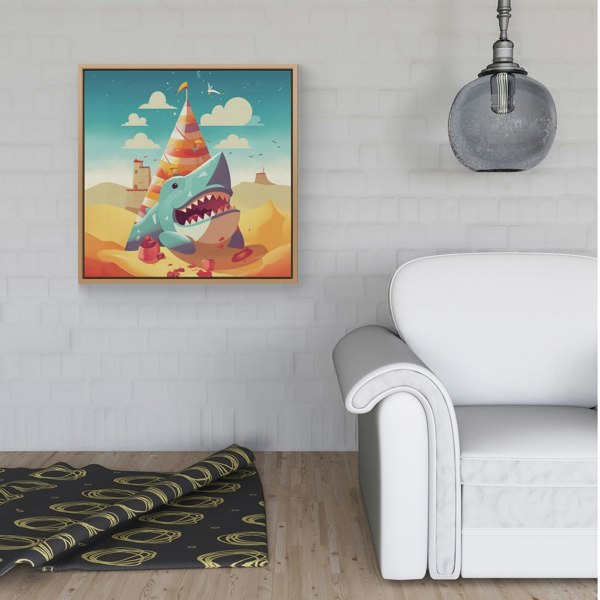 Warren Reed Shark On A Beach Holiday Framed Canvas