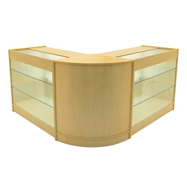 Helios LED Shop Counter Set in maple finish, featuring curved design, glass shelves, and integrated LED lighting for display