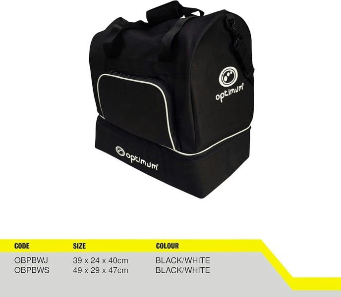 Black Optimum player kit bag with white piping and logo, separate boot compartment, on white with size chart - Optimum
