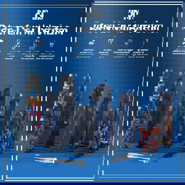 Several ION8 water bottles, in various sizes and colorful designs, are displayed on a blue surface. Accessories are also shown. The text reads: "ION8 Refresh Your Hydration," with details on materials, sizes, designs and accessories.