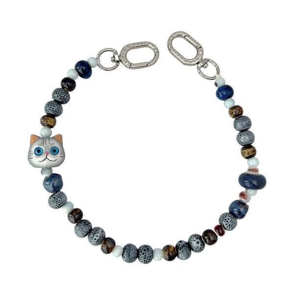 Nimmy Friends Nimmy Big Eye Cute Pet Silver Shaded Cat Mobile Phone Chain Bag Charm Ceramic Bracelet Grey -N-XDY-SL-023