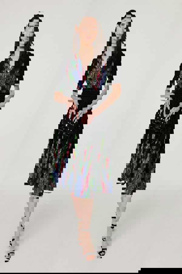 Green | Feather Print Faux Wrap Front Midi Dress