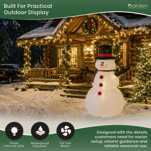 1.8m Inflatable Christmas Snowman with 3 Internal Low Voltage LED Lights, 12V Fan Motor, Guide Ropes and Transformer, Indoor/Outdoor Decoration