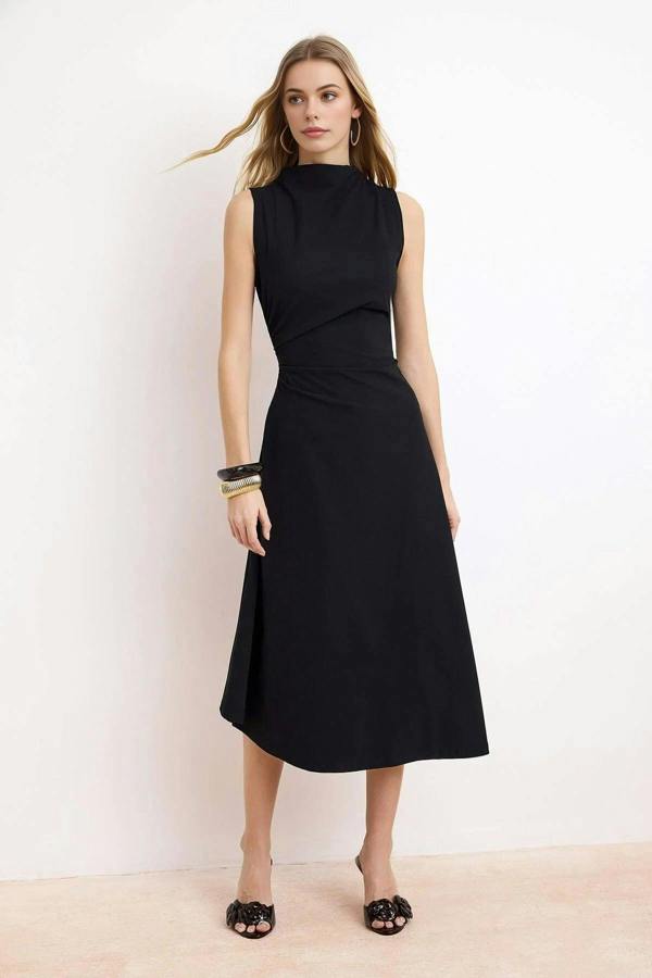 WOVCOR A-Line Asymmetrical Sleeveless Ruched Midi Dress