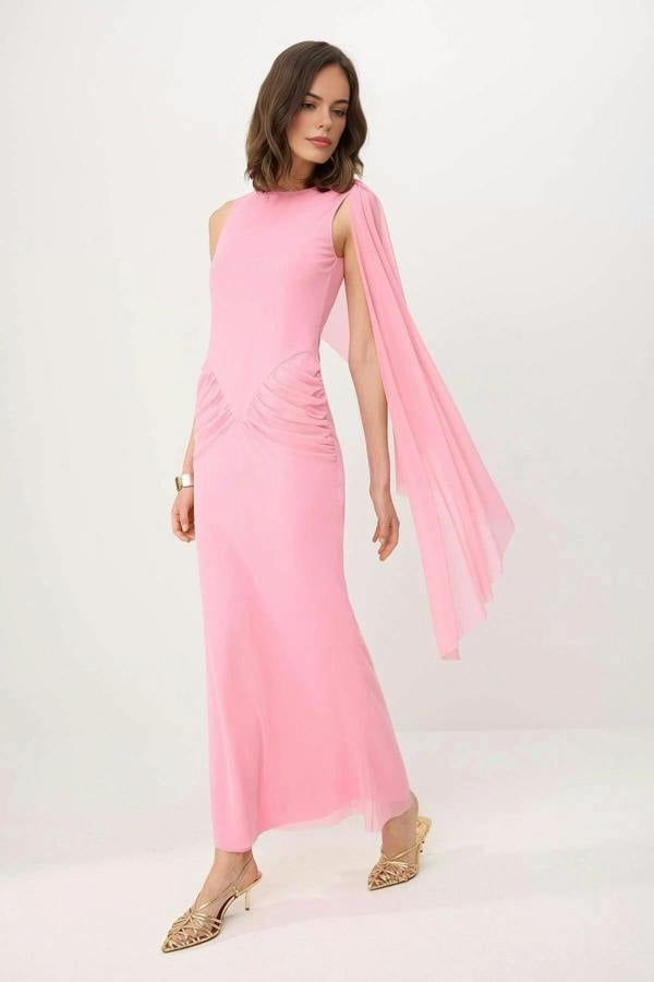 Pelerin Detailed Tulle Lined Maxi Evening Dress