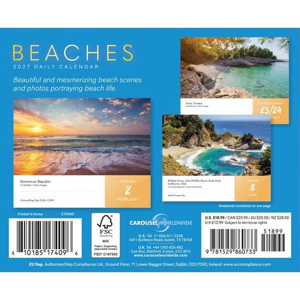 Beaches Desk Calendar 2027, Desk Calendars, Day To View, Travel, Gift