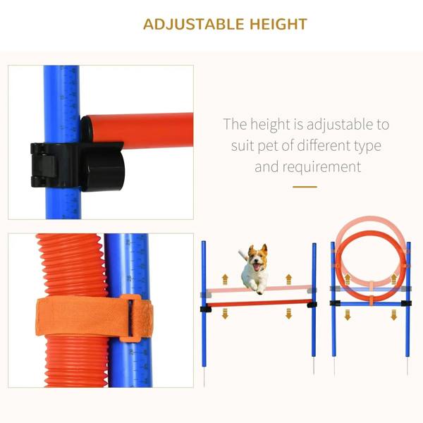 Adjustable height clamp on blue pole with stacked orange rings and connector