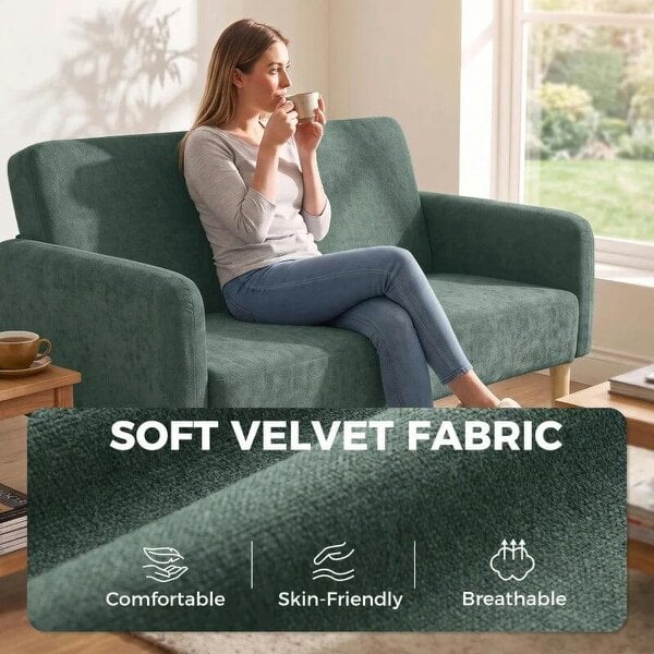 2 Seater Sofa, Velvet Small Couch with 20cm Thick Padding, Wide and Deep Seat, Dark Green
