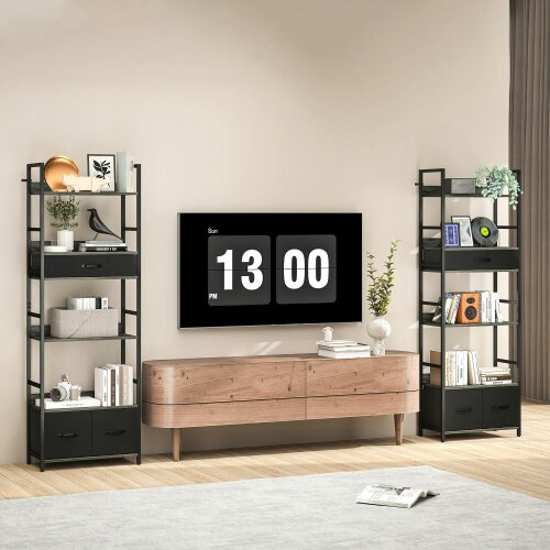 Wyld Haus Laro Metal And Wood Grey And Black Industrial Bookcase With 4 Shelves And Fabric Drawers