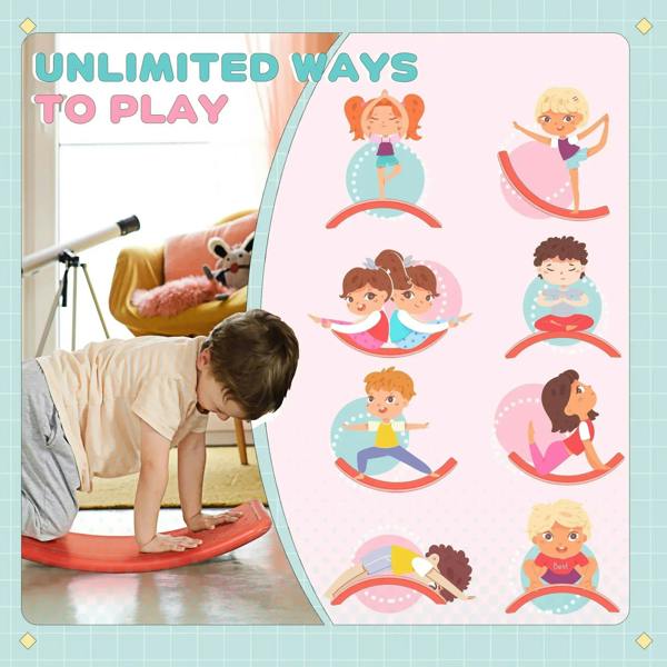 Red kids balance wobble board in use, with child standing and arms out