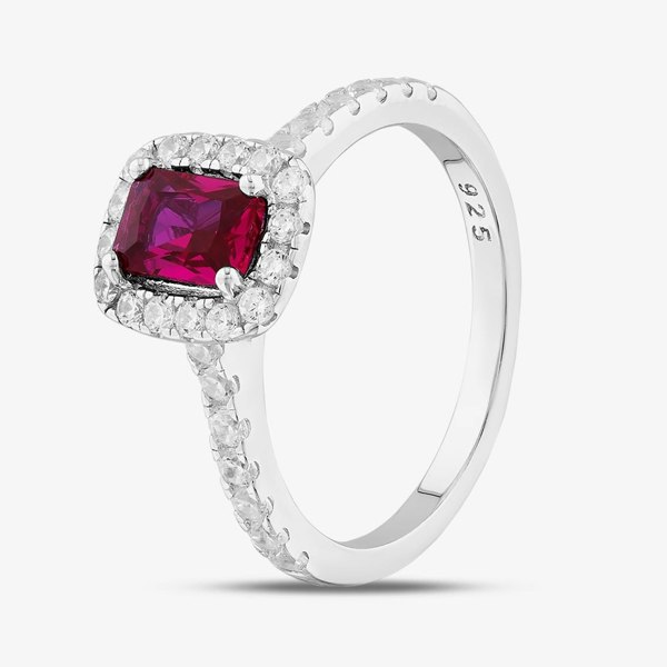 T. H. Baker Sterling Silver Red Emerald Cut Cubic Zirconia Shoulder Set Halo Ring S2189