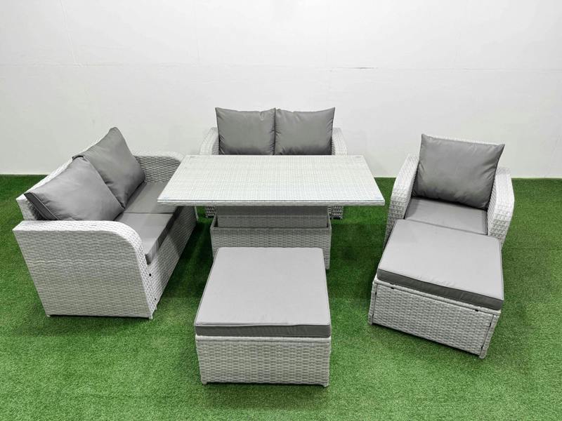 Fimous High Back Poly Rattan Garden Furniture Set, Adj Height Table, Reclining Loveseat, Indoor Outdoor Patio and 2 Big Stools, Light Grey