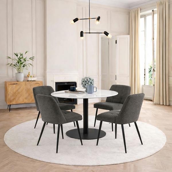 Furniture To Go Corby Round Dining Table with White Polished Marble Top & Black Base includes 4 Brooke Dining Chairs in Taupe