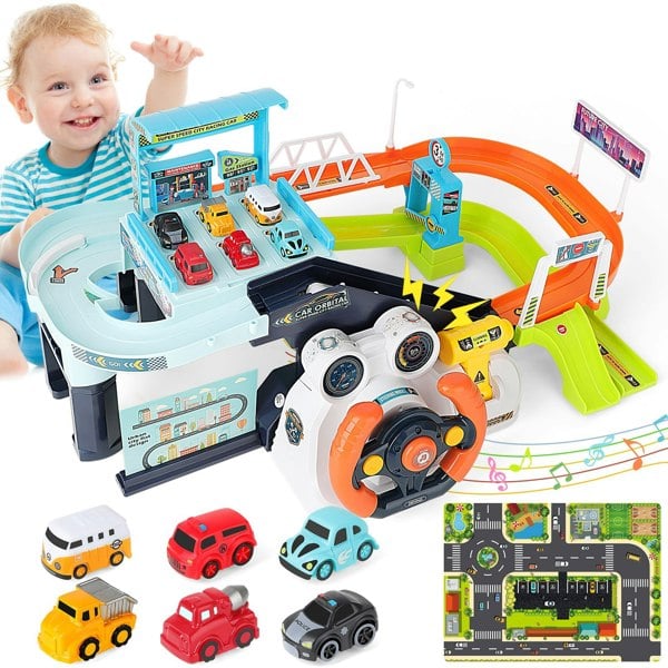 deAO Toys Car Garage Tracks Simulation Steering Wheel Toy Set Vehicle Playsets with Musical Puzzle Car Tracks