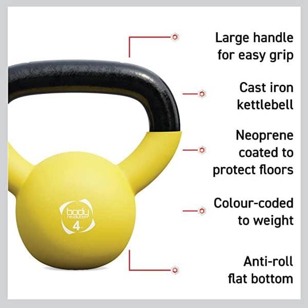 Neoprene-coated 18kg kettlebell with large handle, anti-roll flat bottom, and color-coded design for easy identification