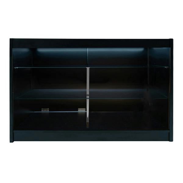 Astro LED Shop Counter Set in black, featuring sleek design, glass shelves, and modern lighting for retail display