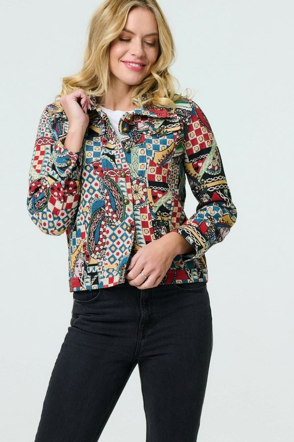 Red | Abstract Print Cropped Collared Jacket
