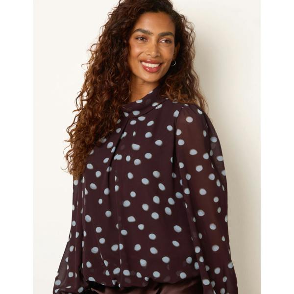 Blue Vanilla Polka Dot Cowl Neck Puff Ball Blouse