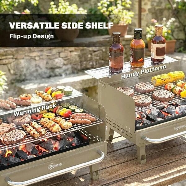 Bobobiy Portable BBQ Grill, Charcoal Barbecue Grill with Adjustable Grates, Foldable Legs, Side Shelf for Camping Travel, Khaki