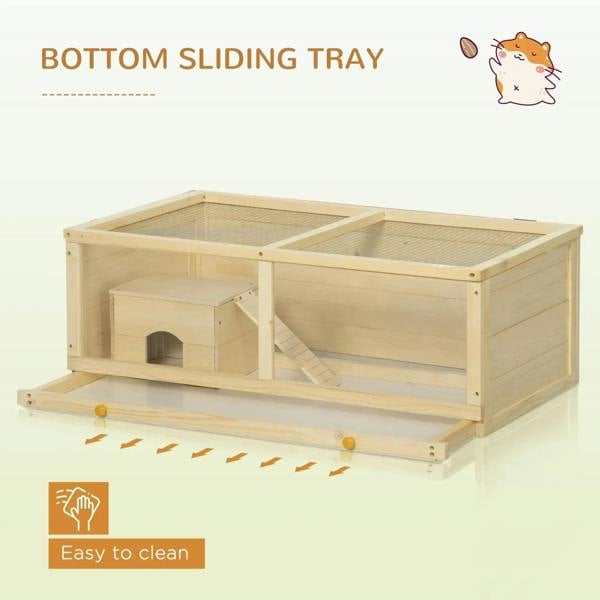 Natural wood hamster cage with sliding bottom tray, hut compartment, and ramp