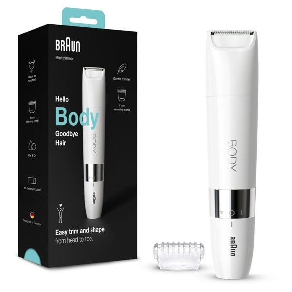 Braun Body Mini Trimmer BS1000, Electric Body Hair Removal for Women and Men, White