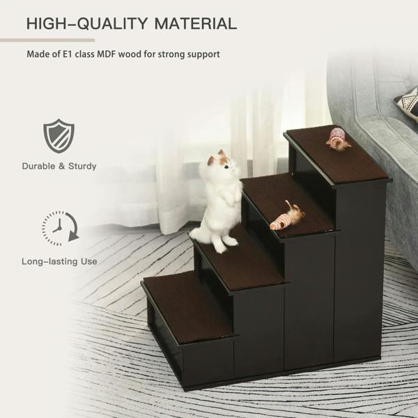 Durable dark brown pet stairs with 3 carpeted steps for dogs and cats