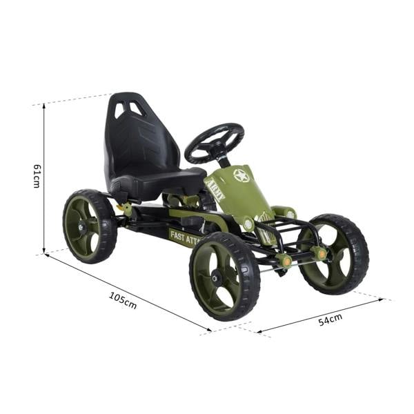 Green kids pedal go-kart side view with black seat and four large wheels