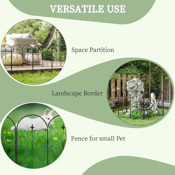 Black metal decorative fence panels with heart arches and scrollwork shown in multiple uses
