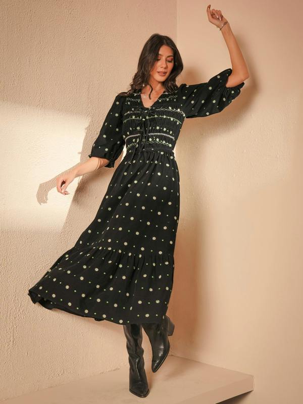 Rose & Nancy Eddie Black Cord Embroidered Polka Dot Maxi Dress