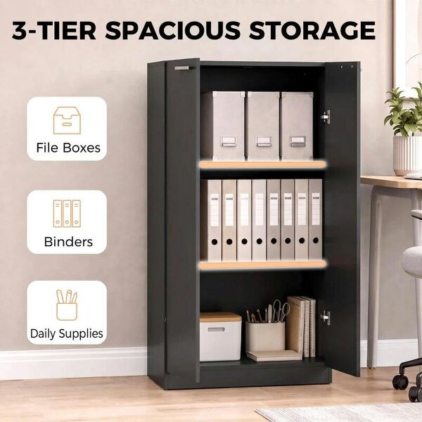 120 cm Tall Storage Cabinet Cupboard, 3-Tier File Organiser Wooden Filing Cabinet, Black
