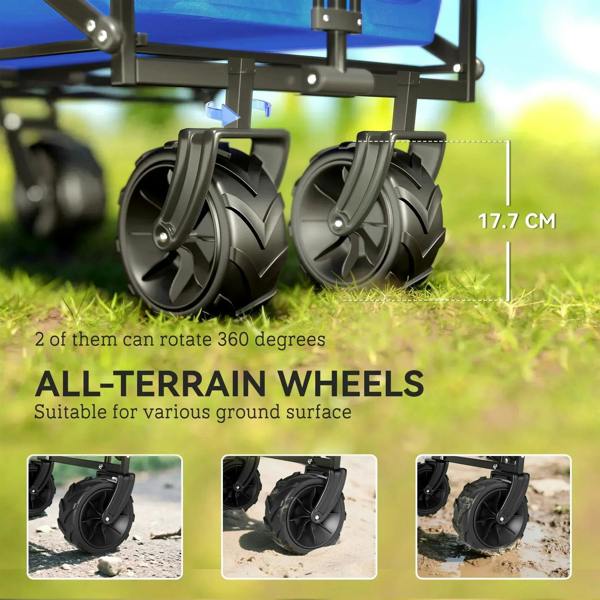 Blue folding cart with 360-degree rotating all-terrain wheels and rugged frame