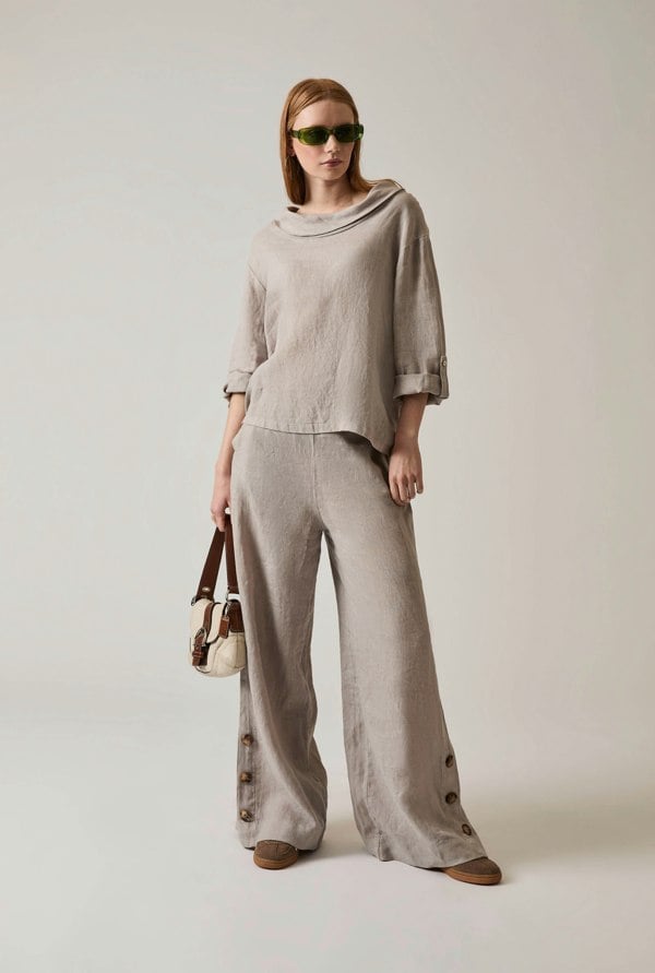 Taupe linen top with draped cowl neckline