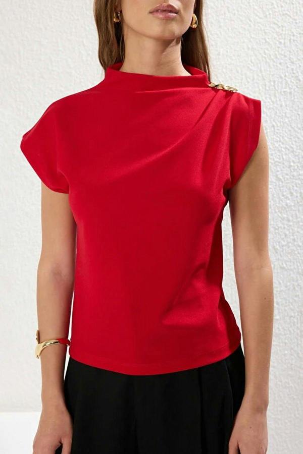 WOVCOR Draped Stretch Knit Blouse with Accessory Detail