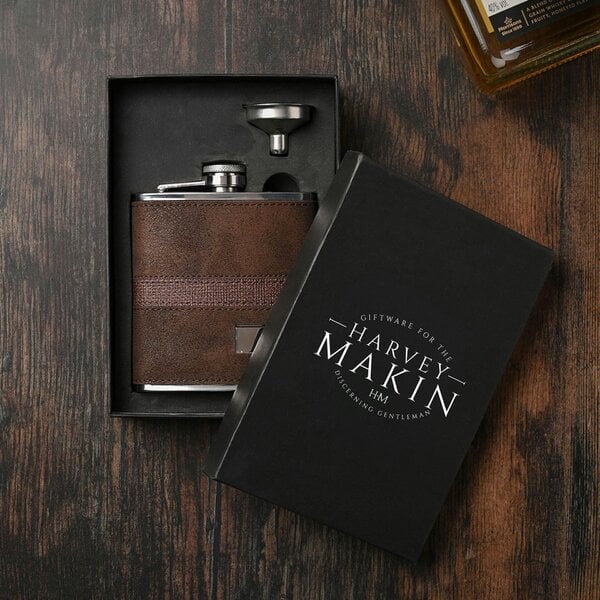 Harvey Makin 6oz Dark Brown PU Wrapped Stainless Steel Flask Set with Funnel