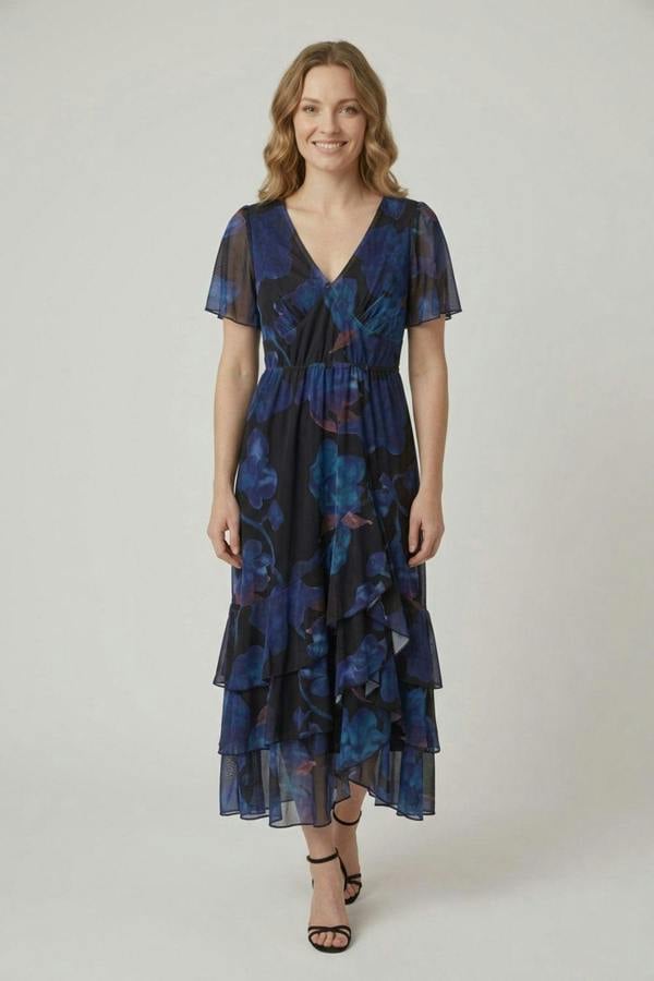 Izabel London Floral Semi Sheer Tiered Midi Dress