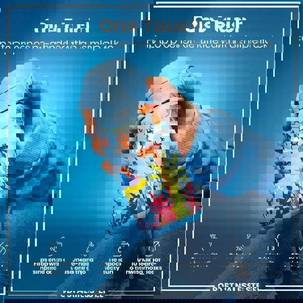 A child's water bottle, featuring a jungle animal design, is being held; its flip top opens with a single click. The bottle is made of stainless steel and is leakproof.