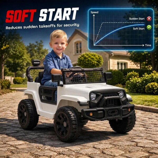 12V Electric Car for Kids with Remote, Dual Motors, Rear Suspension, Soft Start, Music, Lights for 3-8 Years, White