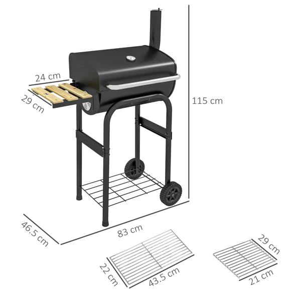 Black charcoal BBQ grill with side shelf, wheels, and labeled dimensions