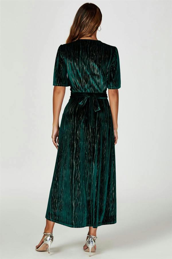 FS Collection Gold Foil Velvet Wrap Maxi Dress In Green