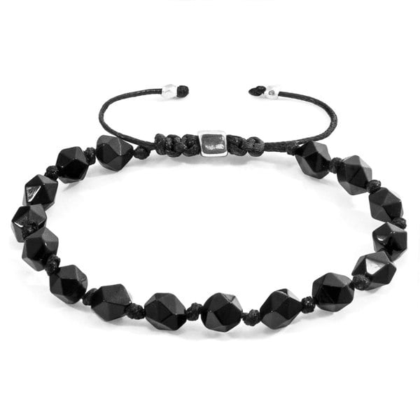 Anchor & Crew Black Agate Zebedee Silver and Stone Beaded Macrame Bracelet 